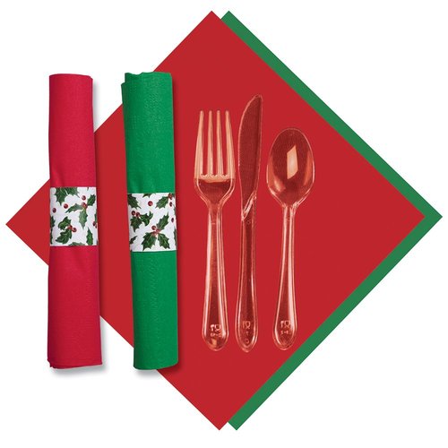 Hoffmaster 119995 Holly CaterWrap, Pre-Rolled Red/Jade 2-Ply Dinner Napkins and Heavy Weight Clear Cutlery (2 Bags of 50)