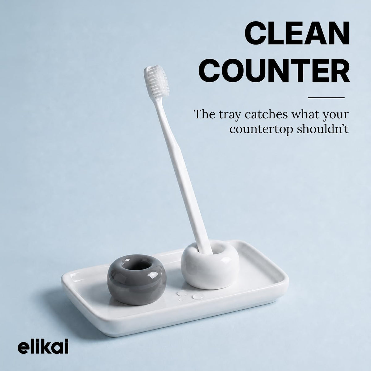 ELIKAI Ceramic Toothbrush Holders with Bathroom Tray, Countertop Organizer for Toothbrushes and Accessories, Hygienic Individual Holder Set (Grey & White, 2 Holders)