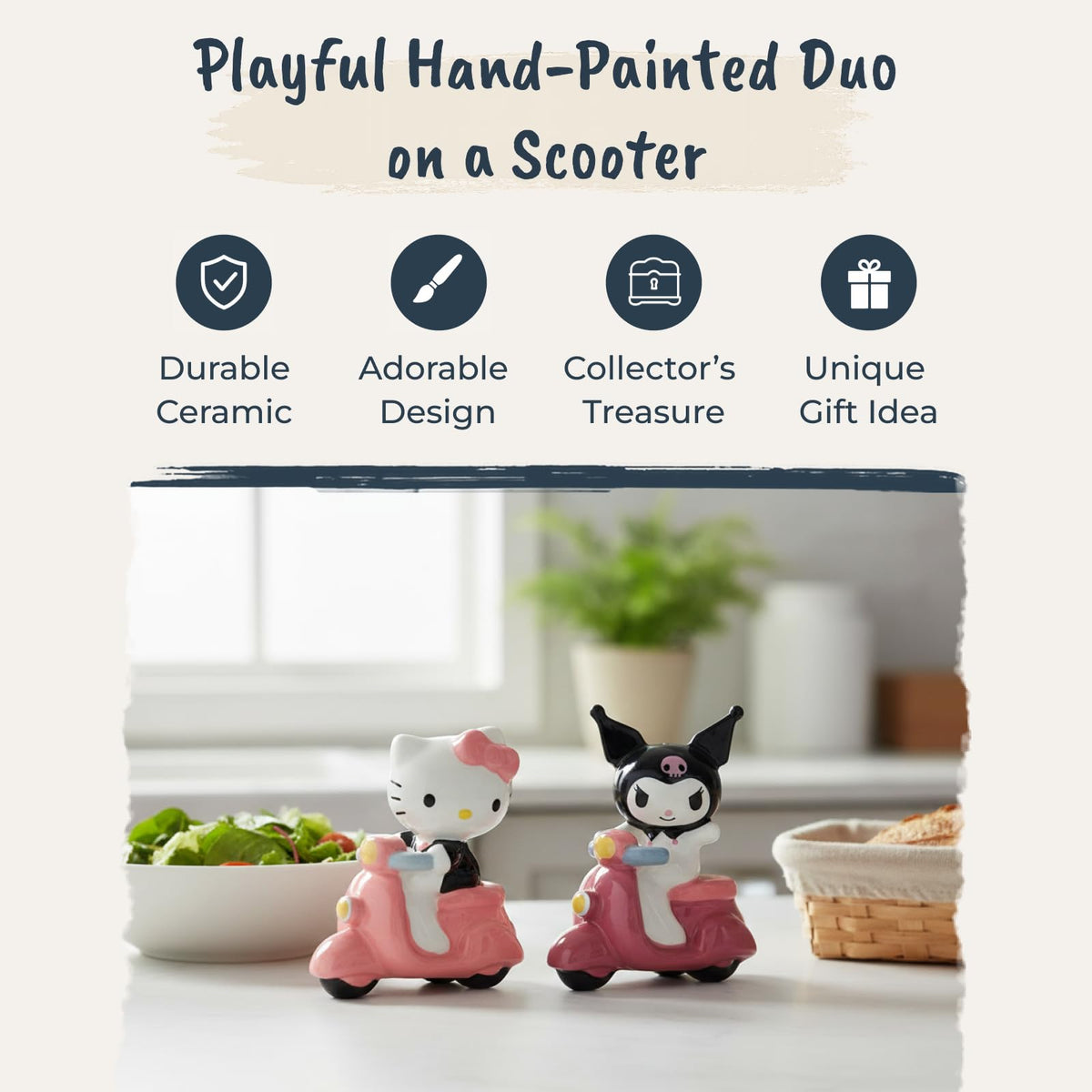 Blue Sky Clayworks Hello Kitty & Kuromi Scooter Salt and Pepper Shaker Set, 7” Licensed Sanrio Collectible