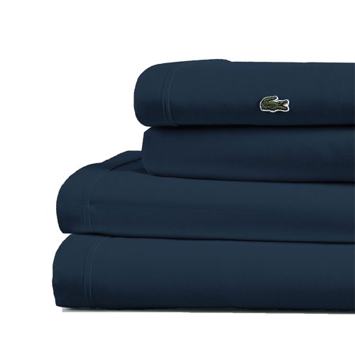 Lacoste 100% Cotton Percale 4-Piece Sheet Set – Cool, Crisp, Matte, and Durable, Oeko-Tex Certified – Solid, Navy, Queen