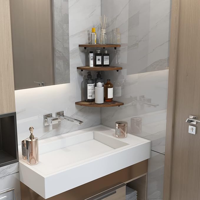 HORLIMER 6 Pack Wall Mount Floating Corner Shelf, Rustic Wood Corner Wall