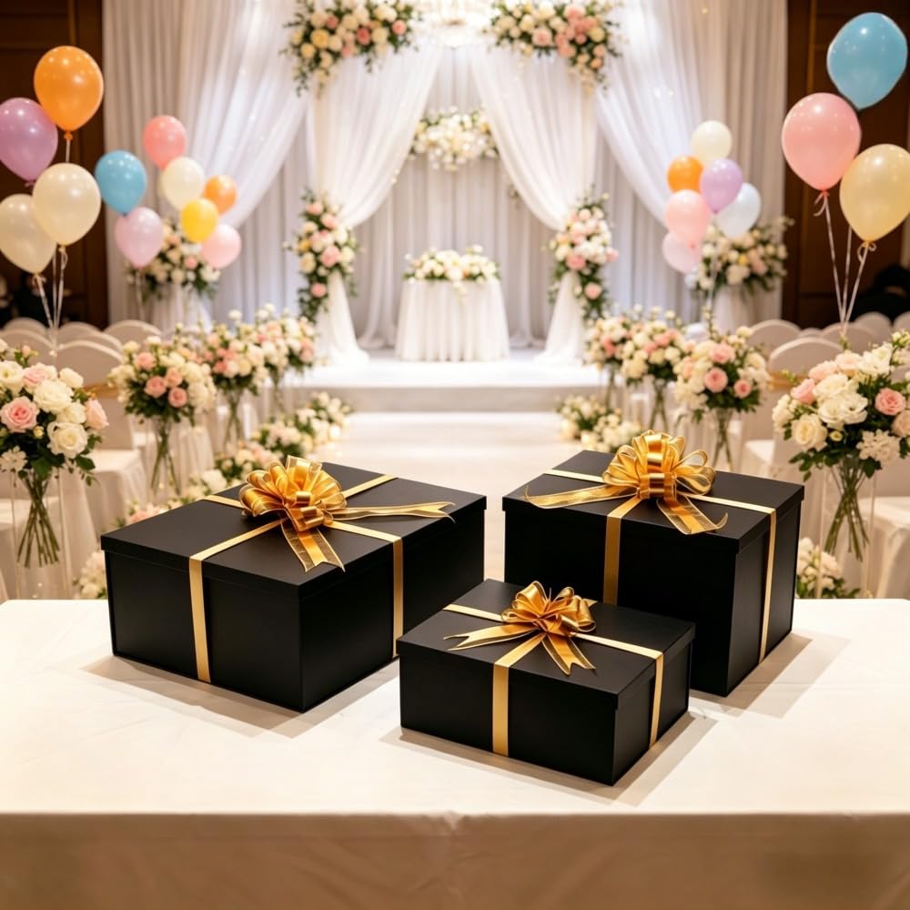 UoeRing Black Extra Large Gift Box 1Pcs 17x13x11 inch,luxury Gift Box with Lid for Birthday Christmas Valentine's Day Mother's Day (Contain Pull Bows,Card,Envelope,Filler)
