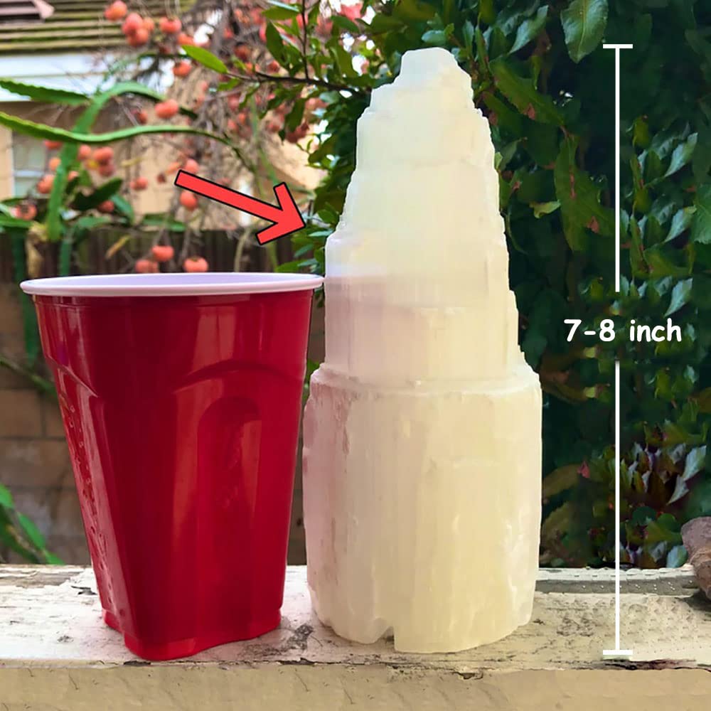 JIC Gem Natural Selenite Lamp 8" White Selenite Crystal Rock Tower Lamp with Switch Cord and LED Bulb