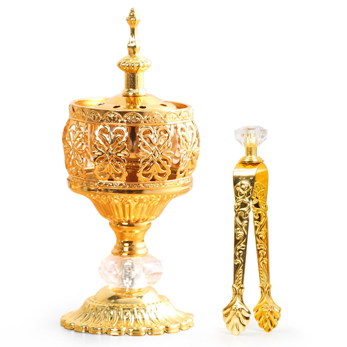 Xisakaca Gold Incense Burner Holder, Bakhoor Frankincense Charcoal Censer Resin Stand with Tongs, Ideal for Aromatherapy Yoga Spa, Home Christian Church Decor