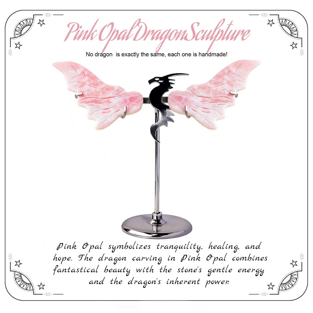 RJINGSHI Crystal Flying Dragon Wings Ornament, Amethyst Desktop Decoration, Blue and Gray (Pink Opal)
