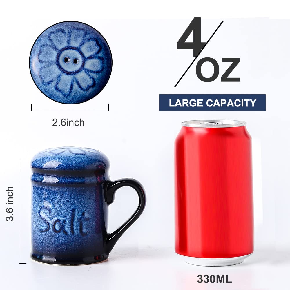 Nihow Ceramic Salt and Pepper Shakers Set & Spoon Rest: Heat Resistant Spoon Rest - Resist Rusting Seasoning Shaker with Handle for Counter - Elegant Black & Blue