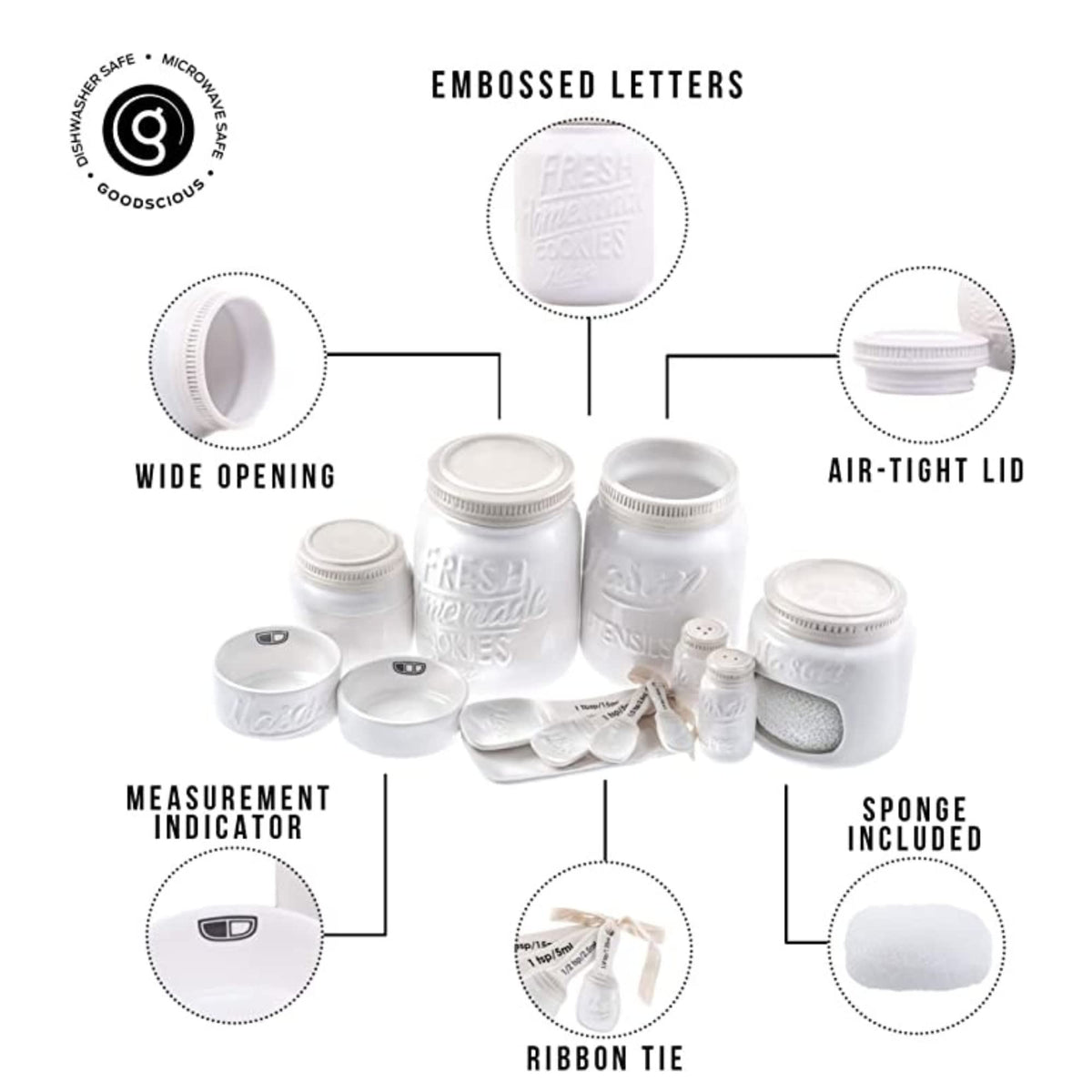 Farmhouse Canisters Sets for the Kitchen - Mason Jar Ceramic Kitchen Utensil Holder, Spoon Rest, Cute Cookie Jar, Salt & Pepper Shaker Sets, Sponge Holder, Measuring Cups & Spoons (White,17-Pc Bundle)