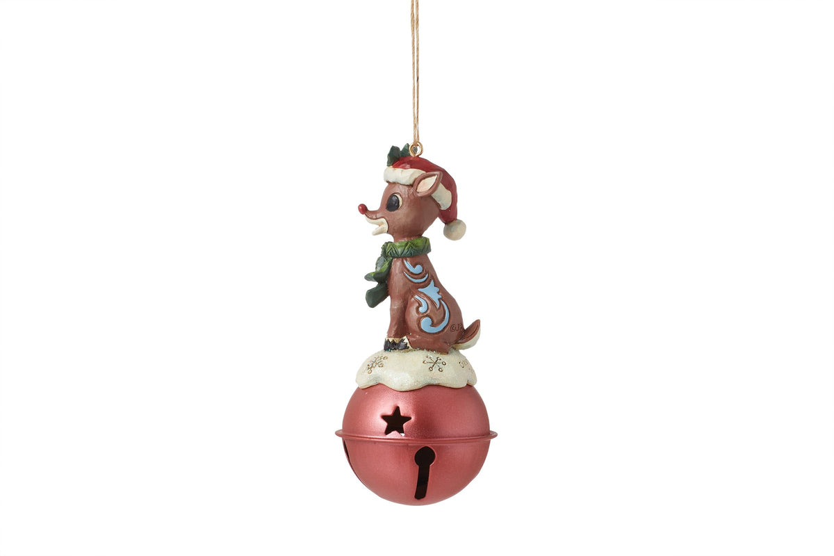 Enesco Rudolph Traditions by Jim Shore Reindeer Standing on Bell Hanging Ornament, 4.37 Inch, Multicolor