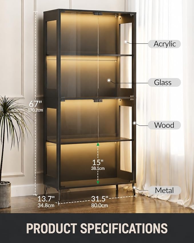 Glass Display Cabinet with Doors, 4-Tier Display Case with Adjustable Shelves