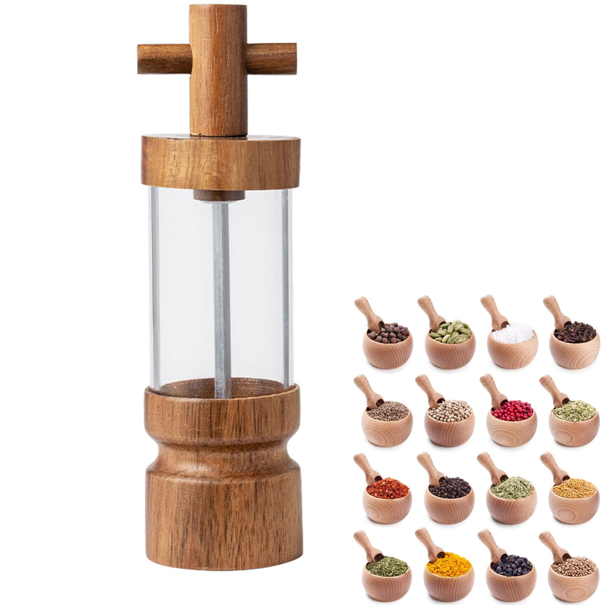 Wooden Pepper Grinder Acacia Wood Manual Mill, 7 inch, Adjustable Coarseness, Kitchen Spice Grinding Tool
