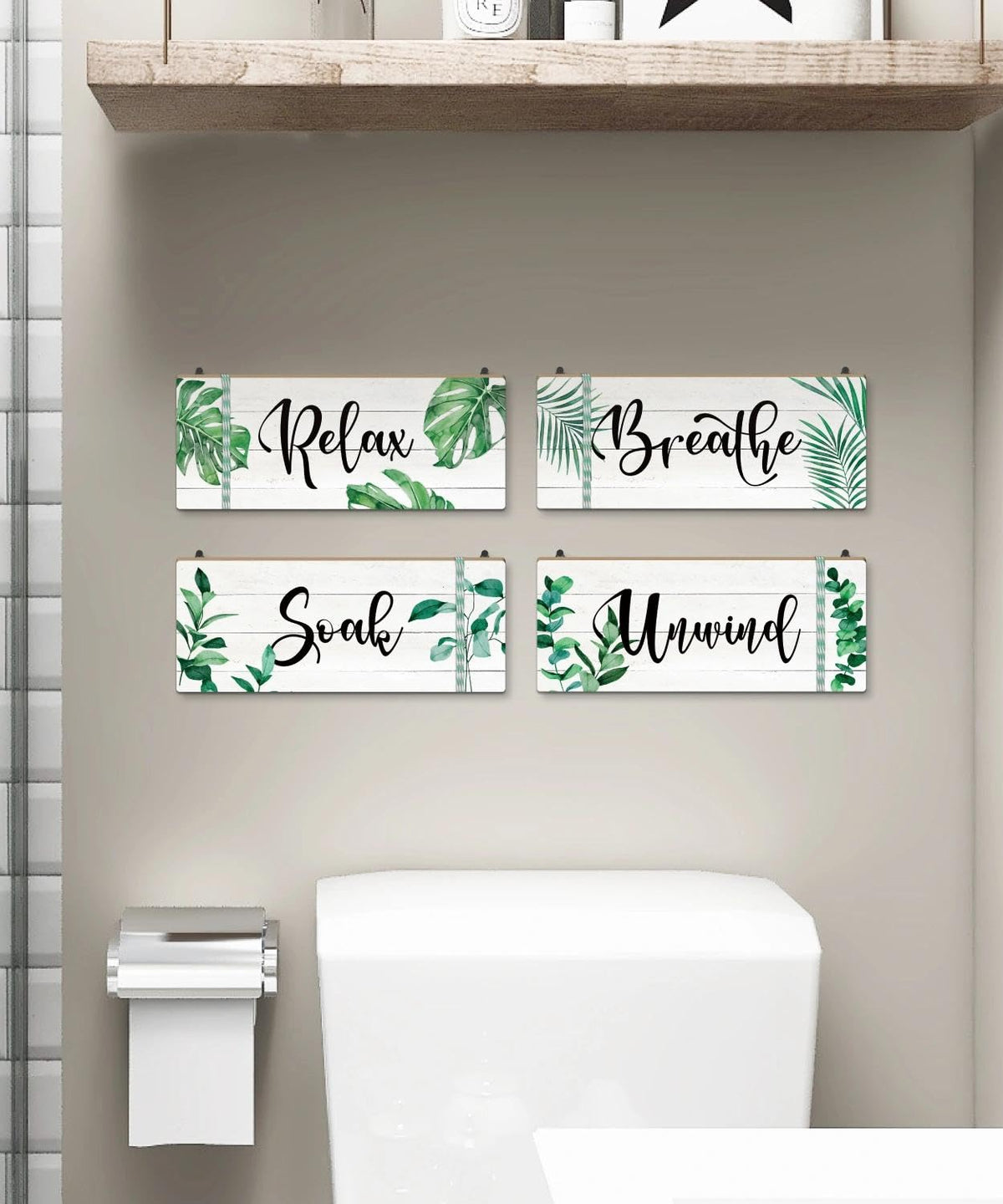 Putuo Decor Bathroom Wall Decors Relax Soak Breathe Unwind Wall Decor Set of 4, Botanical Bathroom Quote Wood Sign Panels, Spa Style Hanging Wall Art for Bathroom, Bedroom, Yoga Room, Apartment
