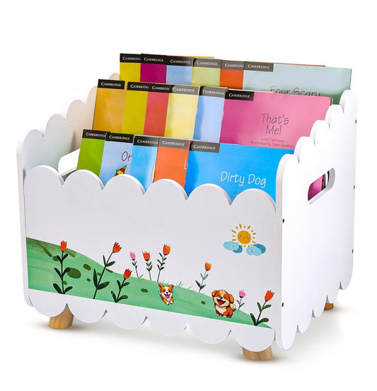 QwayHome Wood Kids Bookshelf, Montessori Bookshelf, Kids Storage Oragnzier with Handles, Toddler Bookcase with 2 Adjustable Dividers for Bedroom,Nursery & Classroom,White