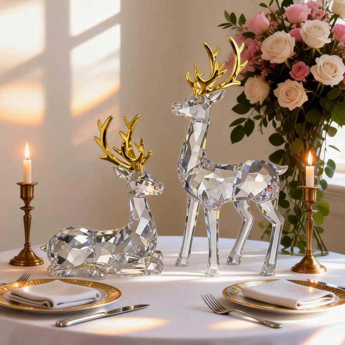EverZenHub Christmas Reindeer Figurines, Set of 2 Resin Deer Statues - Handcrafted Holiday Tabletop Decor for Mantel, Shelf, Cabinet | Elk Sculpture Home Décor Gift