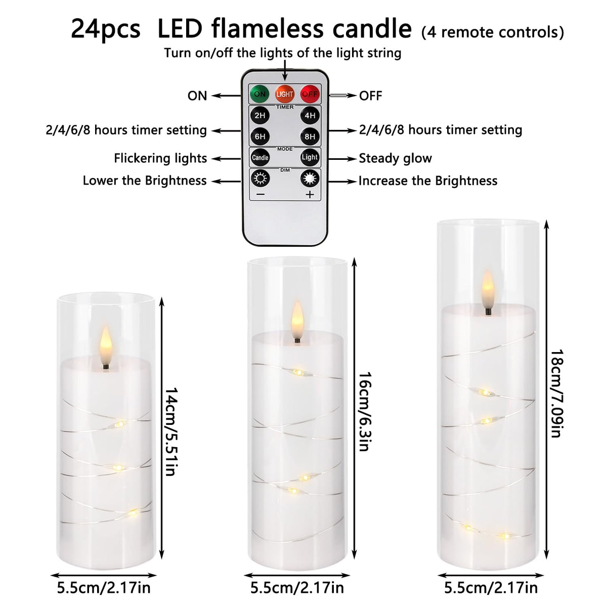 YOROXRG 24 Pack Christmas Decoration Flickering Flameless Candles,Battery Operated Candles,LED String Lights LED Candles for New Year, Home Decor, Parties,Wedding(D2.2 xH 5" 6" 7") (White)