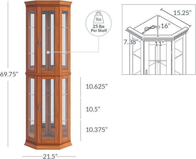 BELLEZE Lighted 3-Side Glass Display Curio Cabinet w/Tempered Glass Doors and