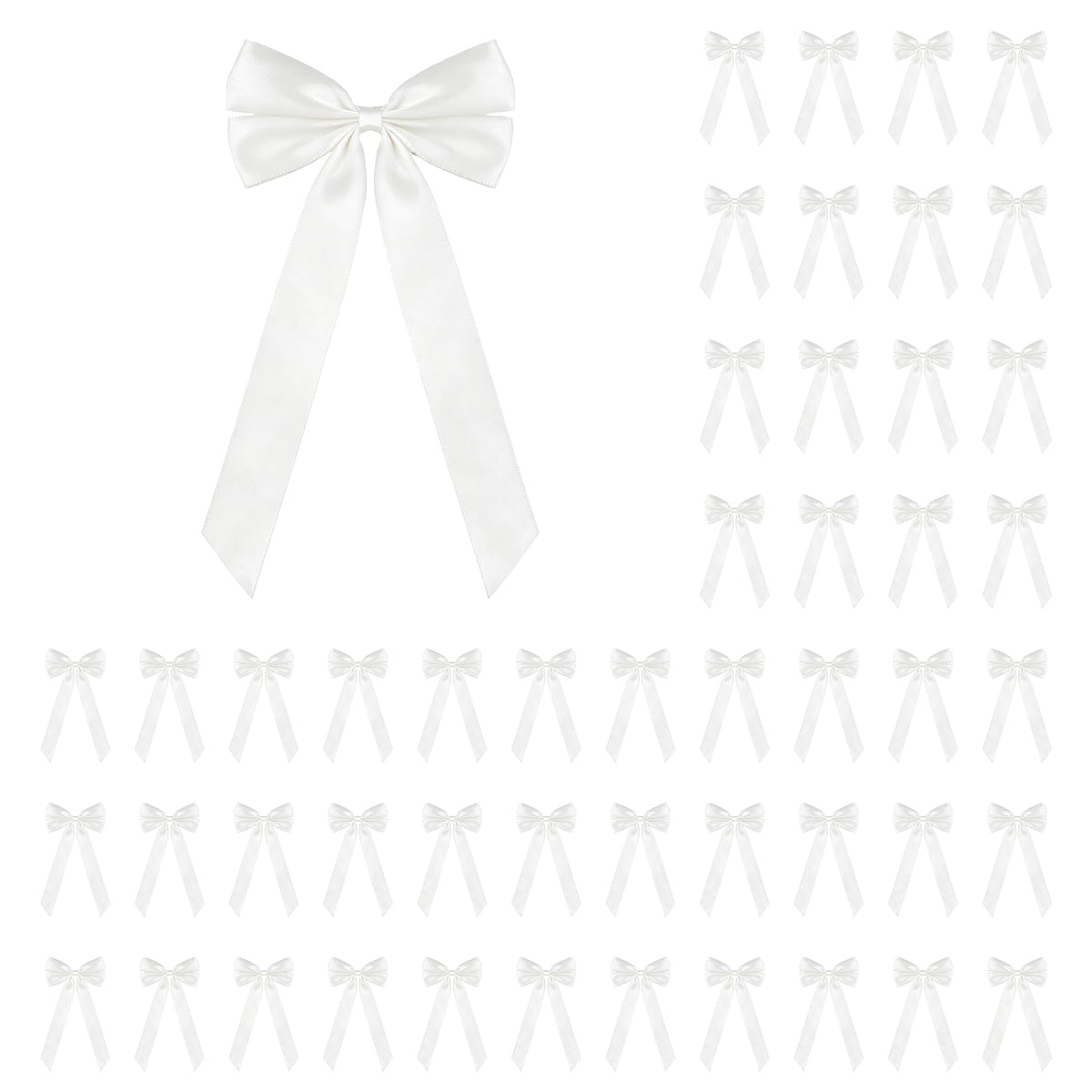 50Pcs White Satin Bows for Christmas Tree, 4 x 8 inch Xmas Ornaments with Pre-Made Twist Ties & Self-Adhesive, for Tree Cabinet Front Door Wreath Holiday Home Decor