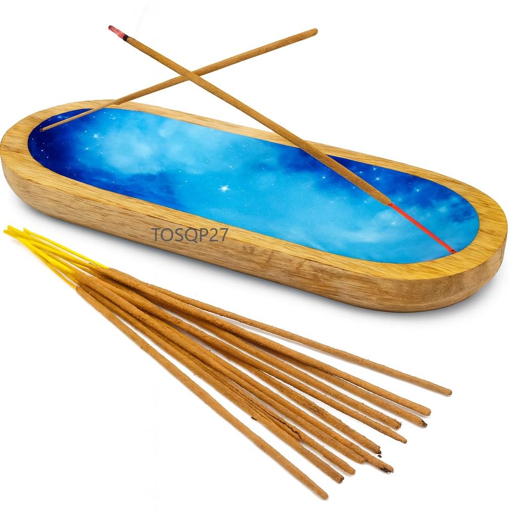 TOSQP27 Incense Burner Holder Ash Catcher for Sticks, Home Incent Burner Wooden Handmade Modern Gift Wood Decor – Blue Resin Art Tray | for Aromatherapy, Meditation, Yoga & Home Fragrance Decorative