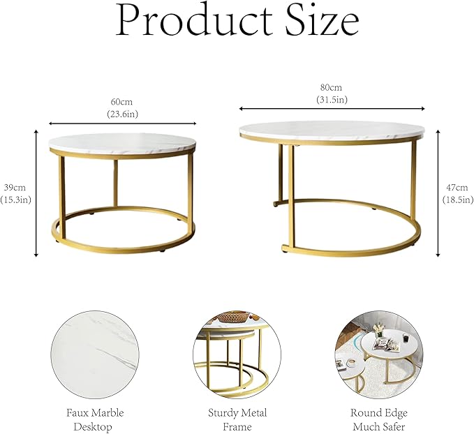 AT-VALY Coffee Table Set of 2 Nesting Tables, Round Sofa Table