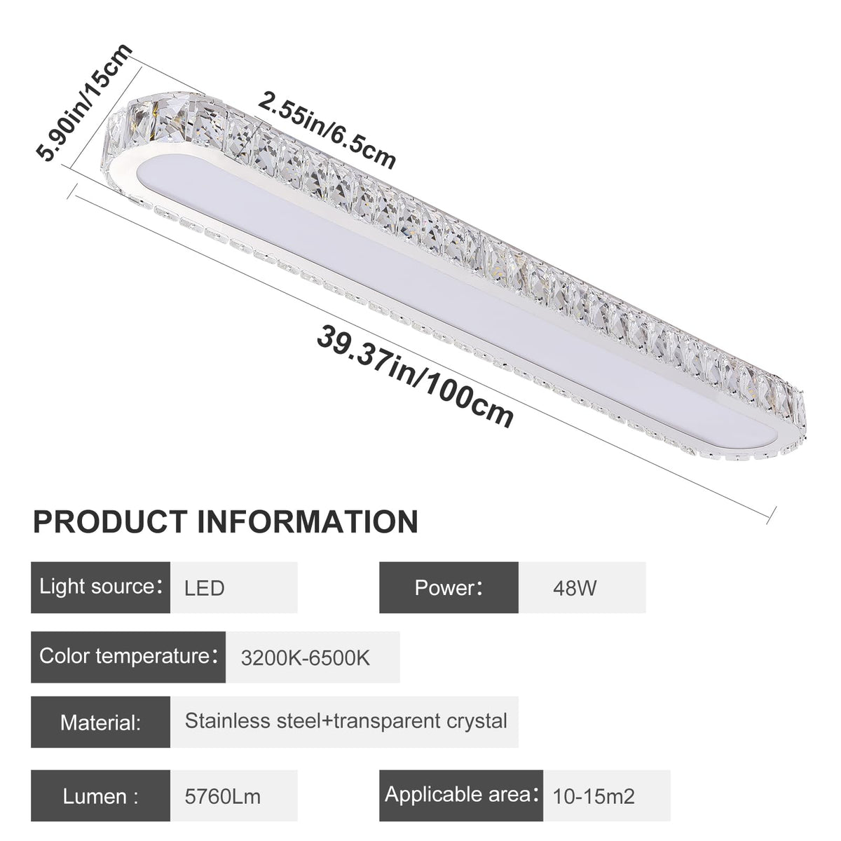 Qcyuui Dimmable LED Ceiling Light 39.4'' Kitchen Lighting Fixtures Ceiling Modern Luxury Crystal Ceiling Light with Remote Chrome Long Ceiling Light Fixture for Kitchen Dining Room Hallway,48W