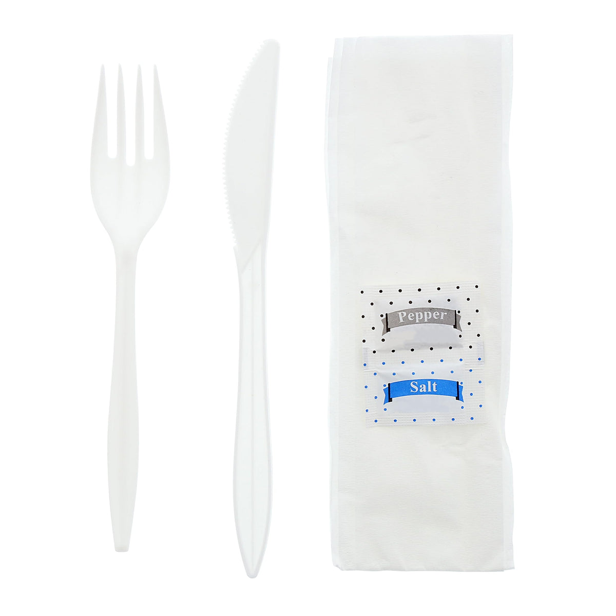 AmerCareRoyal 5-in-1 Disposable Silverware Medium Weight Plastic Utensil Set with Fork, Knife, Salt & Pepper Packets, 12x13 inch Napkin - Individually Wrapped Cutlery Meal Kit, White, Case of 250