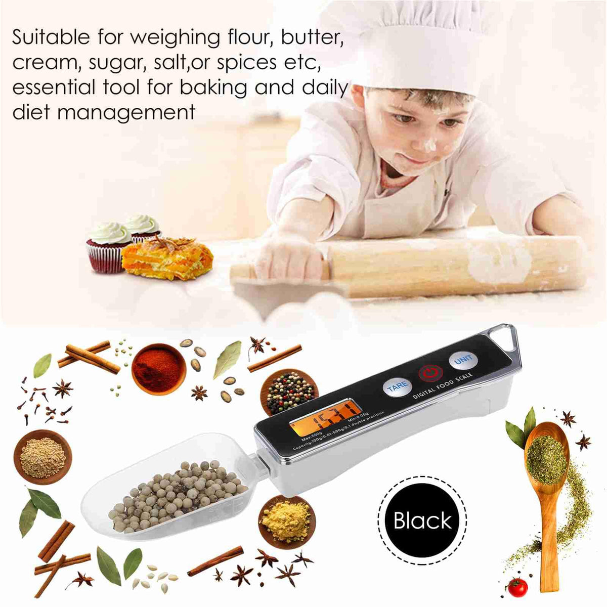 Digital Spoon Scale Electronic Measuring Spoon Scale with LCD Display, Electronic Measuring Spoon Scale Food Tare Function Capacity 0.05g to 500g g Kitchen Food Weighing Spoon Scale (Black)