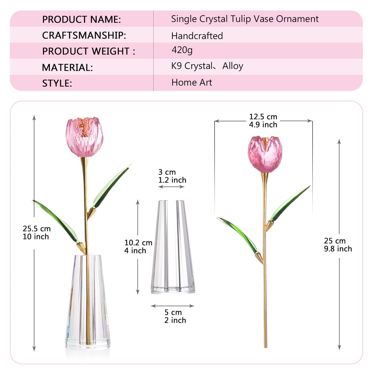 RONG KRISTO Crystal Tulip Collectible Figurines Glass Flower with Vase Artificial Flowers Home Decor Gift for Women Mom（Pink）