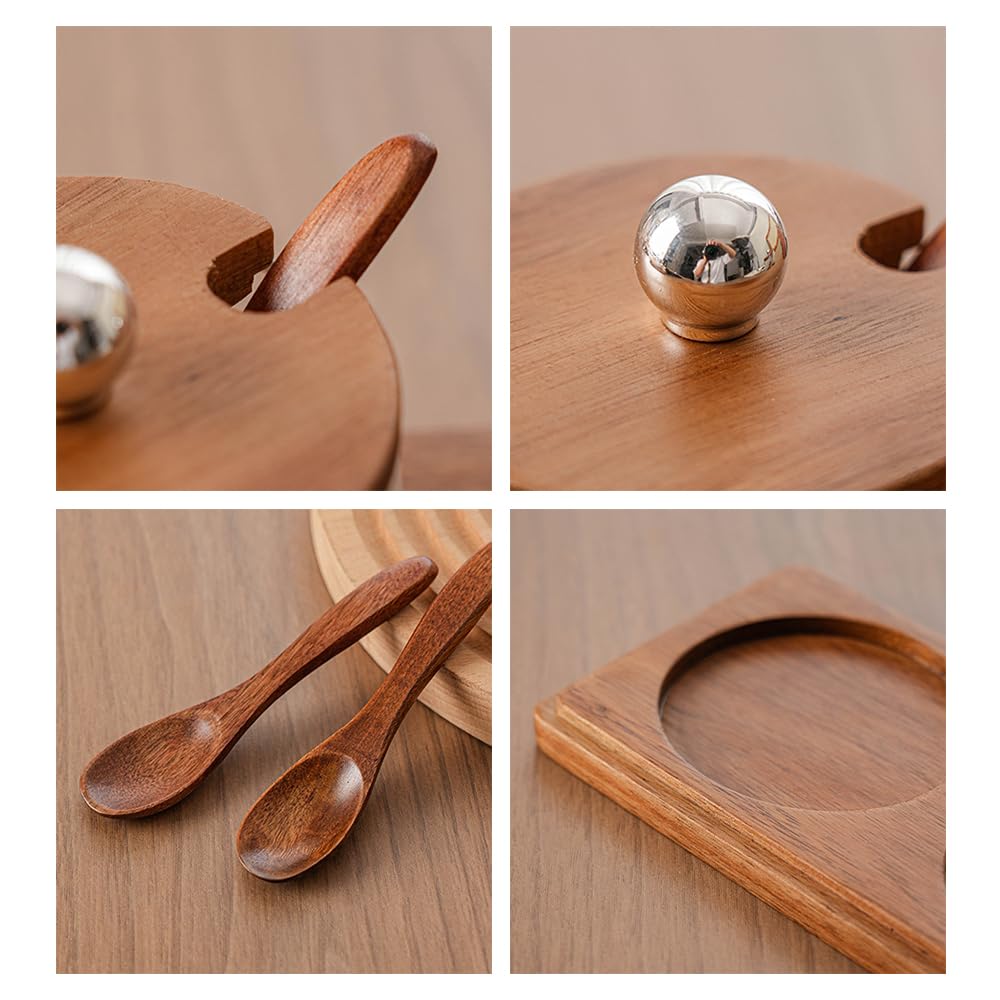 Condiment Containers Set with Acacia Wood Lids and Tray Seasoning Box Condiment Pots Jars with Spoons for Spice Salt Sugar Cruet (Silver Top, 3 Jars with Tray)