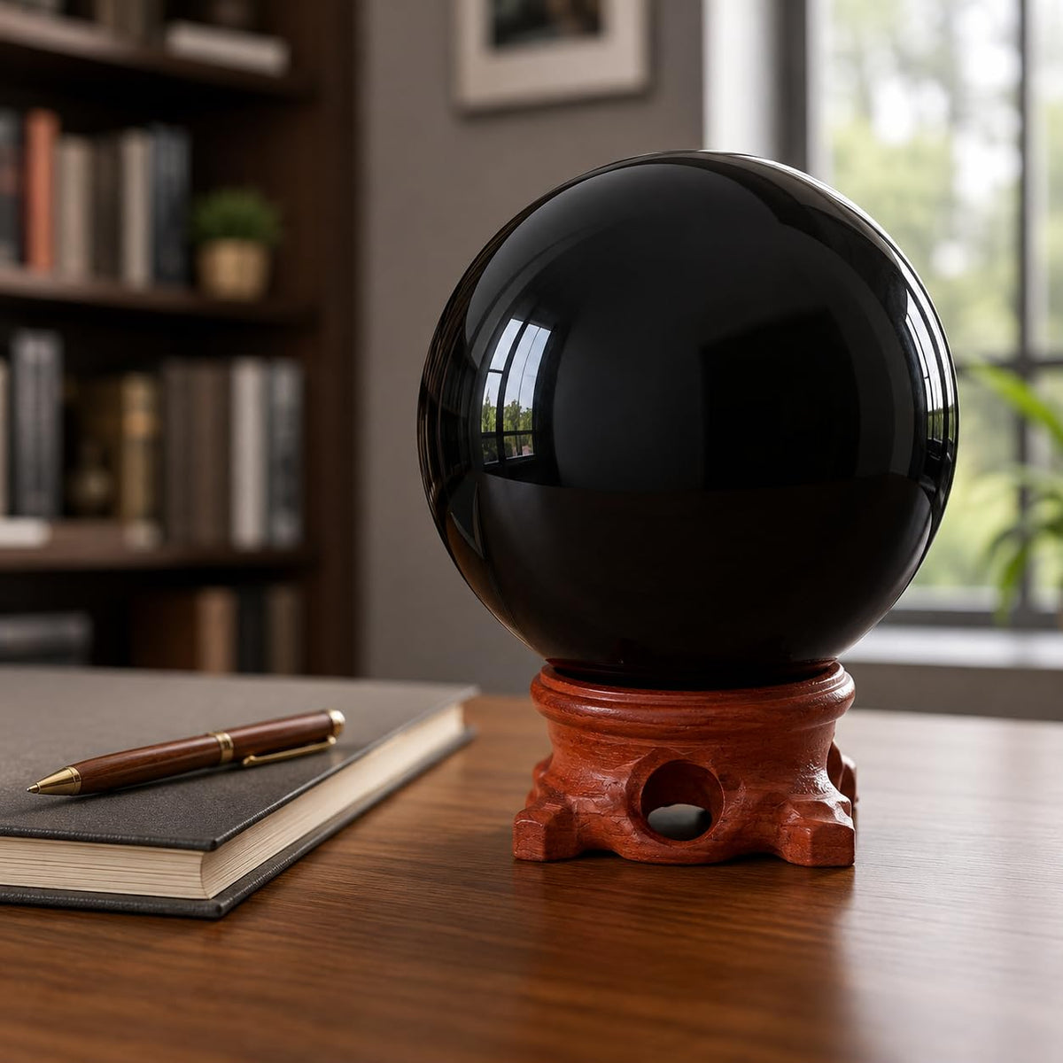 Lodkksg Black Obsidian Crystal Ball 90mm (3.54-inch) with Wooden Stand — Natural Polished Black scrying Ball, Suitable for Meditation and Home Decor.