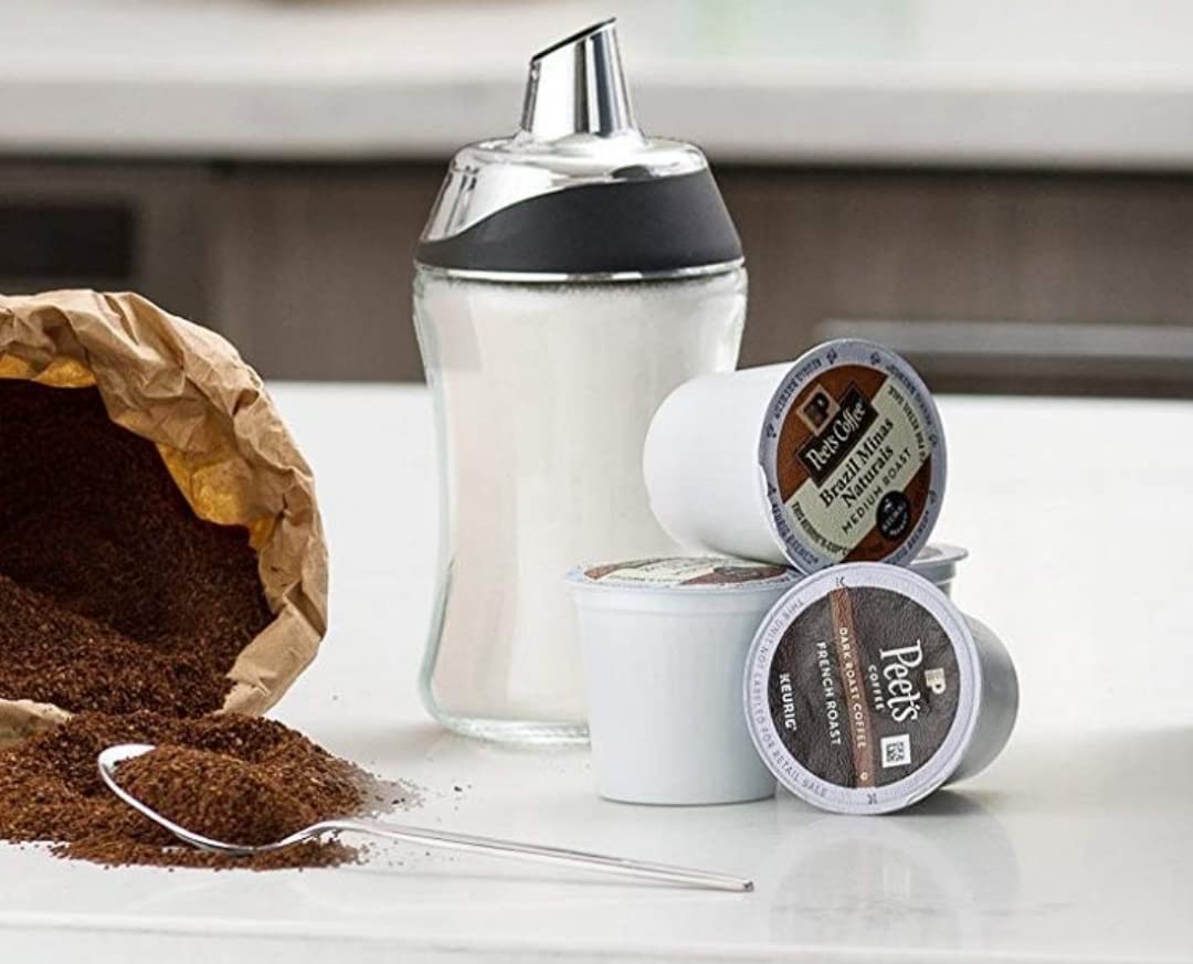 J&M Design 2-Pack Glass Sugar Dispenser & Shaker for Coffee, Cereal, Tea & Baking with Pour Spout and Lid for Easy Spoon Measuring Pouring - 7.5oz Jar Container - Coffee Bar Accessories & Essentials