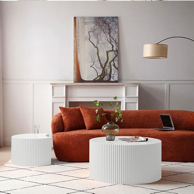 White Round Coffee Table Nesting Coffee Table Set of 2 Circle Fluted Cofee