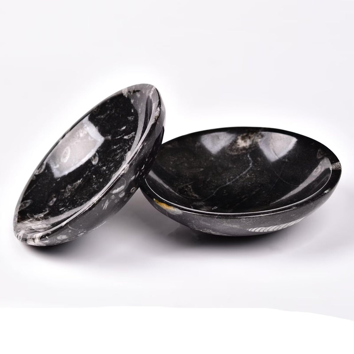 AMOYSTONE Natural Orthoceras Fossil Stone Bowl Round Shaped 4" Rock Bowl