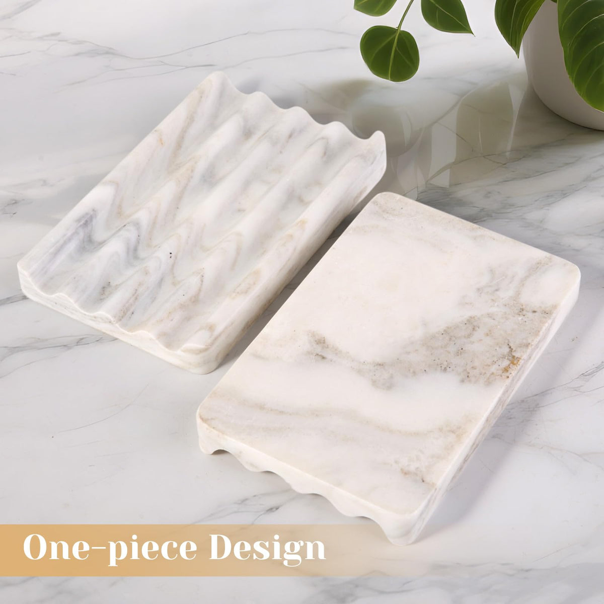 2PCS Koville Italian Natural Marble Soap Dish for Shower, Multi-Color Stone Soap Tray for Bathroom, Bar Soap Holder for Sink, Stripe Grooves Soap Saver Sponge Holder (White/Brown Random)