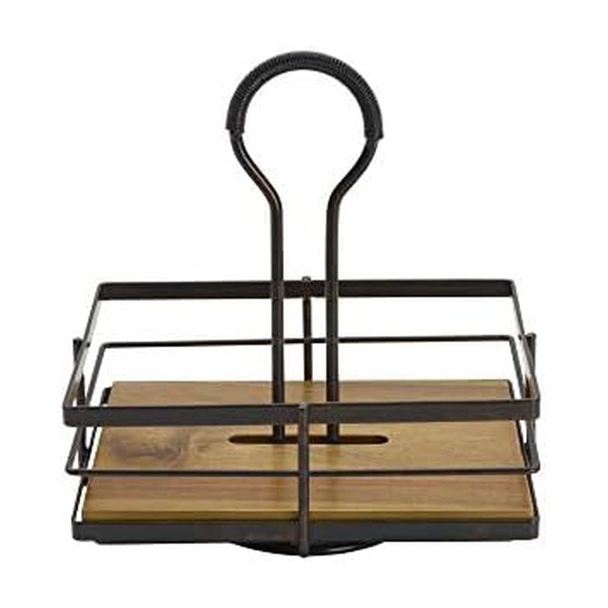 Gourmet Basics by Mikasa Nova Rotating Condiment Caddy, Handcrafted Iron and Acacia Wood Table Organizer with Spinning Platform and Carrying Handle, Contemporary Black Finish, 8.75 x 7 x 9.25 Inches