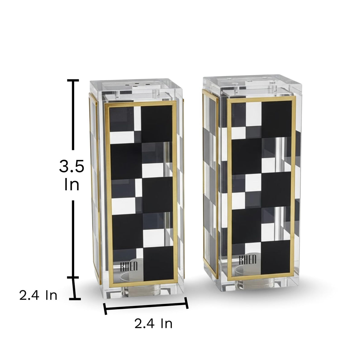 Black and White Checkered Salt and Pepper Shakers Set - Luxurious Lucite Acrylic Square Design - Modern 2.4" x 3.5" Refillable Dispensers - Elegant Kitchen Decor, Dining Table Unique Housewarming Gift