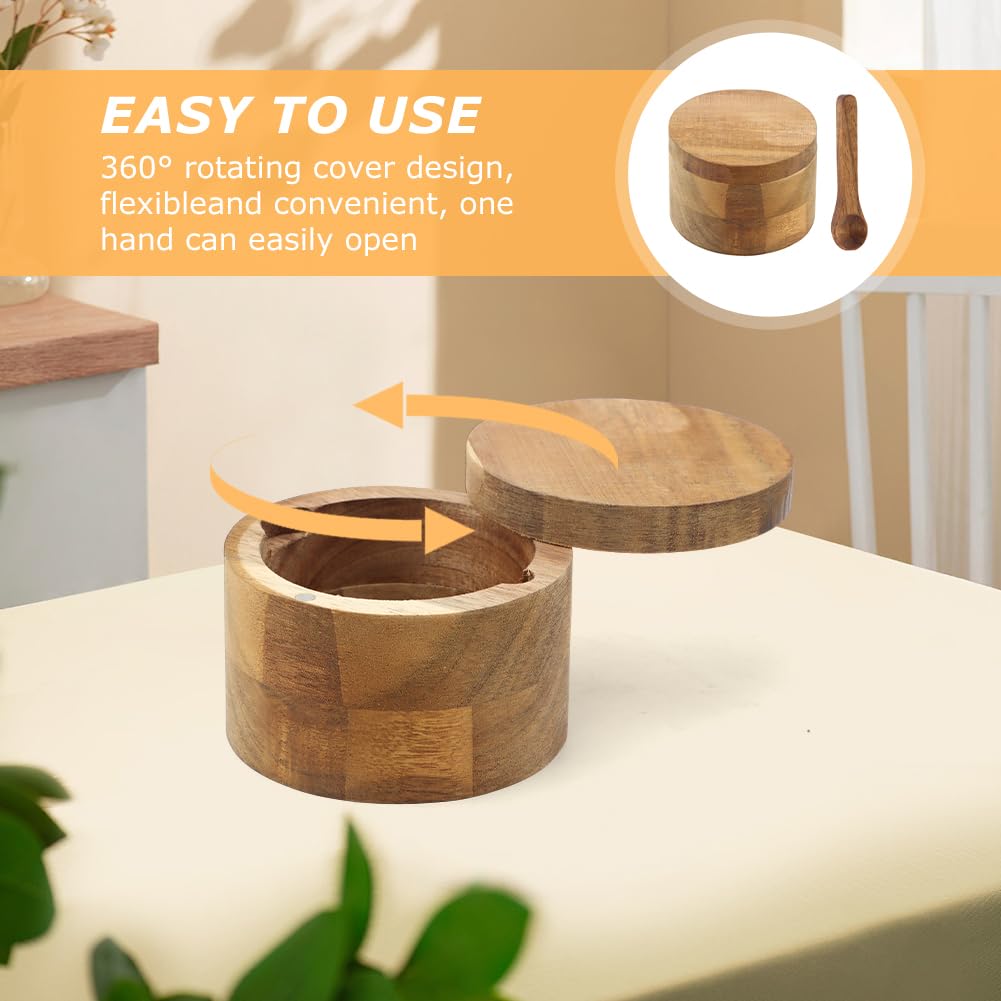 Velarionna Salt Cellar with Spoon – Wooden Acacia Bowl, Magnetic Lid for Pepper & Spices