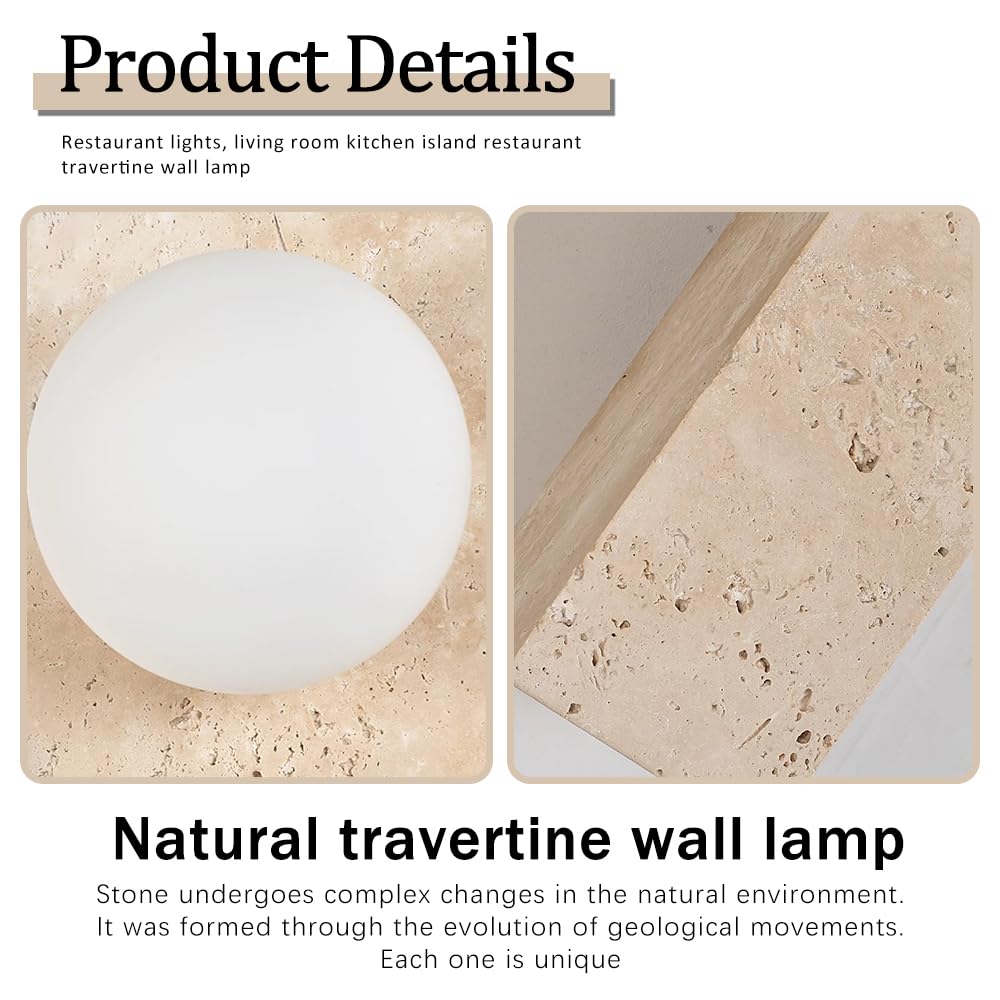 OROILUPU Yellow Travertine Wall Sconce, 9.1" Wabi Sabi Wall Sconces with Double White Spherical Lampshade and Travertine Stone Base, Modern Natural Stone Wall Light for Bedroom Living Room Kitchen