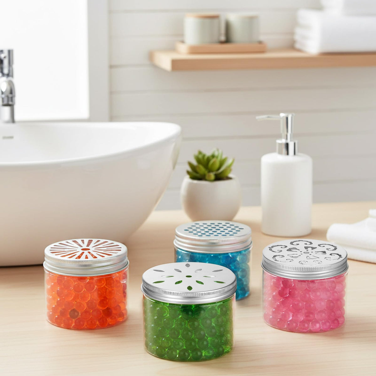 HANLANXUE 12 Pcs 150ml 5 OZ Scented Beads Container 4 Styles Air Freshener Solid Perfume Aroma Diffuser with Hollow Lids Empty Storage Containers Round Jars Sample for Aromatherapy