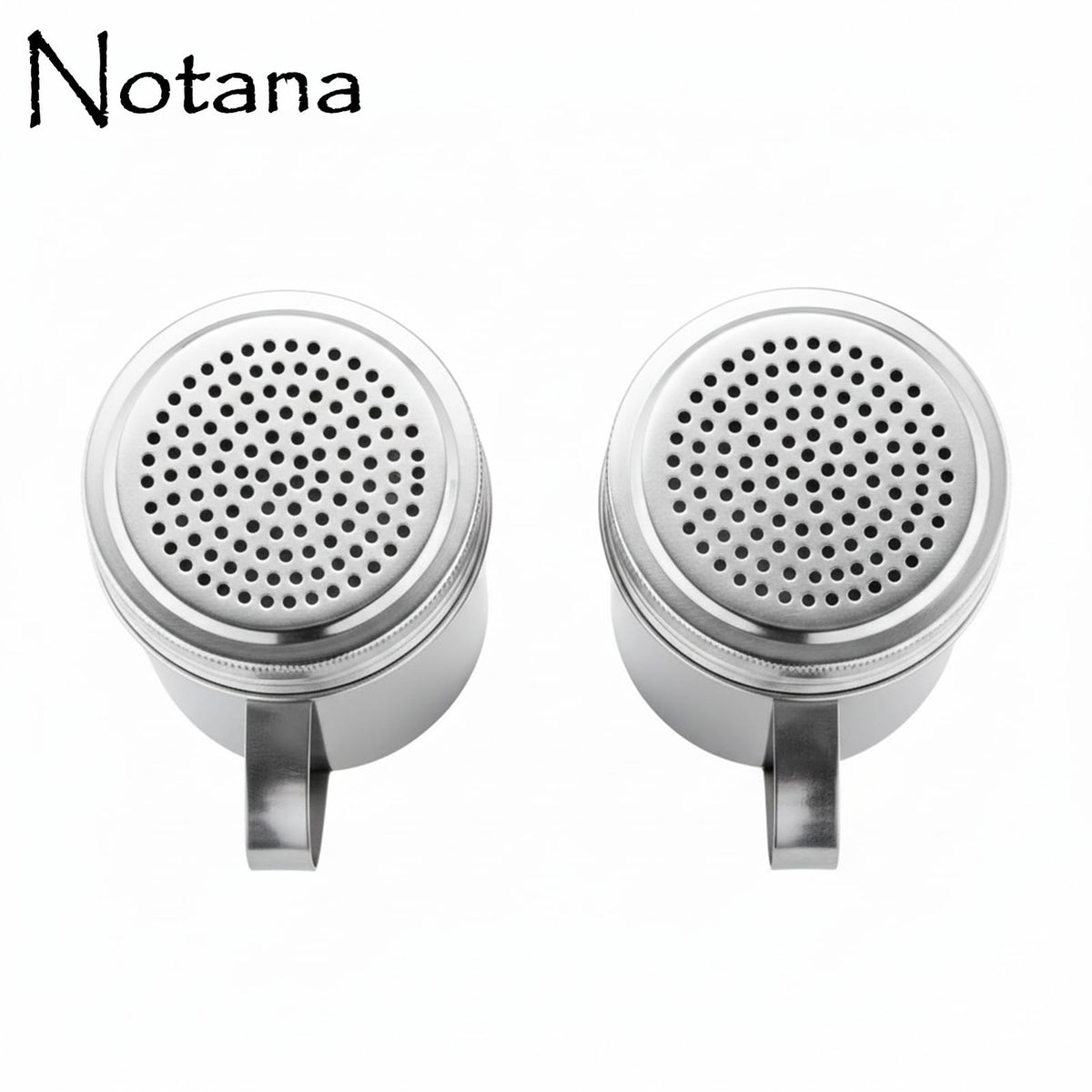 Notana Stainless Steel 10 Ounce Dredge Shakers with Handle for Powder Sugar, Flour Duster for Baking, Seasoning Shaker, Salt and Pepper Shakers, Cinnamon Sugar Dispenser for Kitchen (2-PACK)