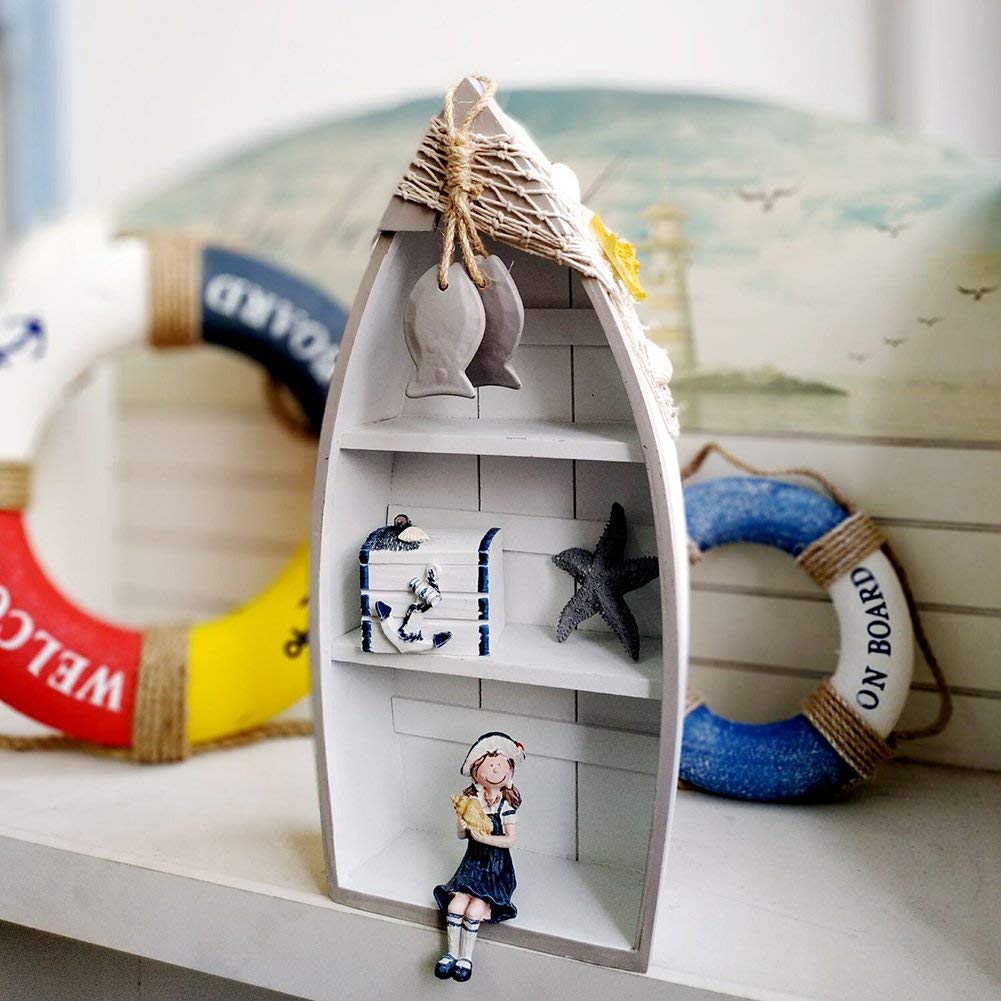 Morning View 2-Shelf Wood Boat Shelf, Nautical Decor with Fishing Net, Starfish, Seashells - Wall Mount or Tabletop Display - Beach Themed Home Decor, White, 6.7x3x16.5 Inch