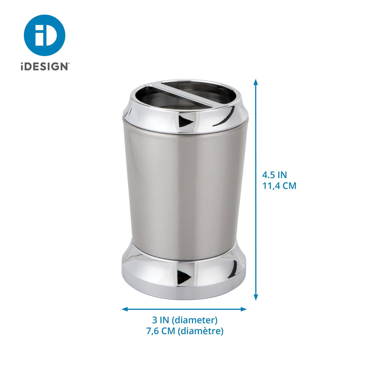 iDesign Stainless Steel Toothbrush Holder, The Preston Collection – 3" x 3" x 4.5”, Brushed & Chrome Split Finish