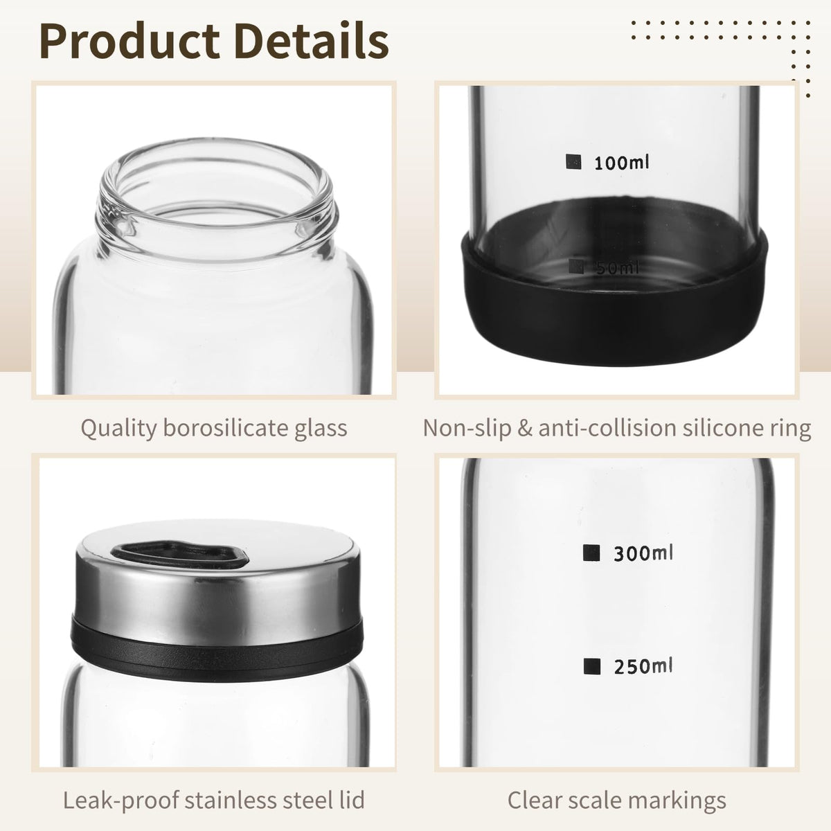 4 Pcs Salt and Pepper Shakers, 350ml Glass Spice Bottles with Adjustable Pour Holes, Spice Dispensers with Non-Slip Silicone Bases, Seasoning Jars with Rotating Steel Lids for Kitchen