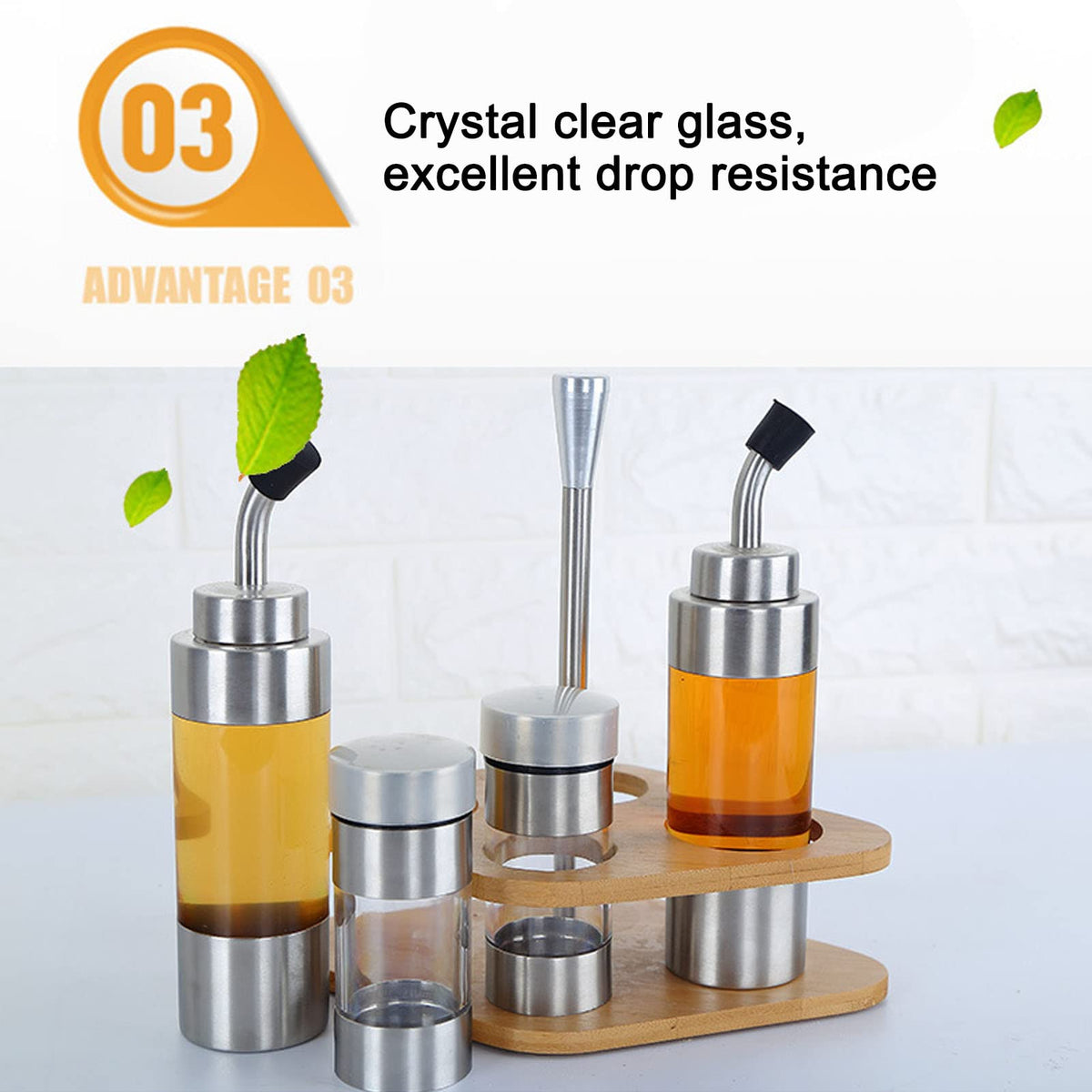 Cyrank Salt and Pepper Shakers, Olive Oil and Vinegar Dispenser Set with Wood Holder Glass Spice Dispenser for Home Kitchen Restaurant