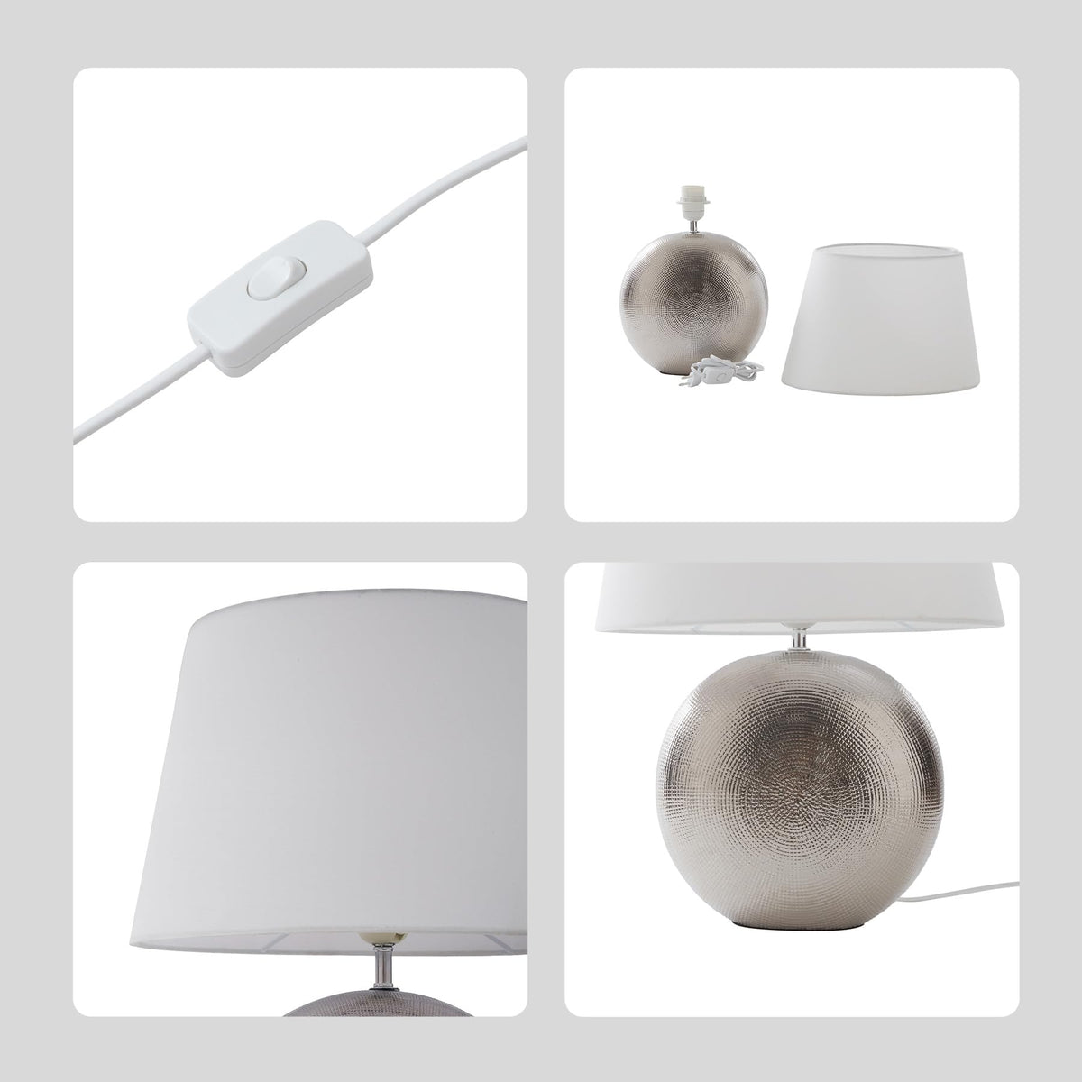 Lucande 19" Modern Ceramic Table Lamp, Silver Jar-Style Base with White Fabric Shade, Elegant Bedside Lamp for Nightstand or Living Room, E26 Base Bulb Not Included