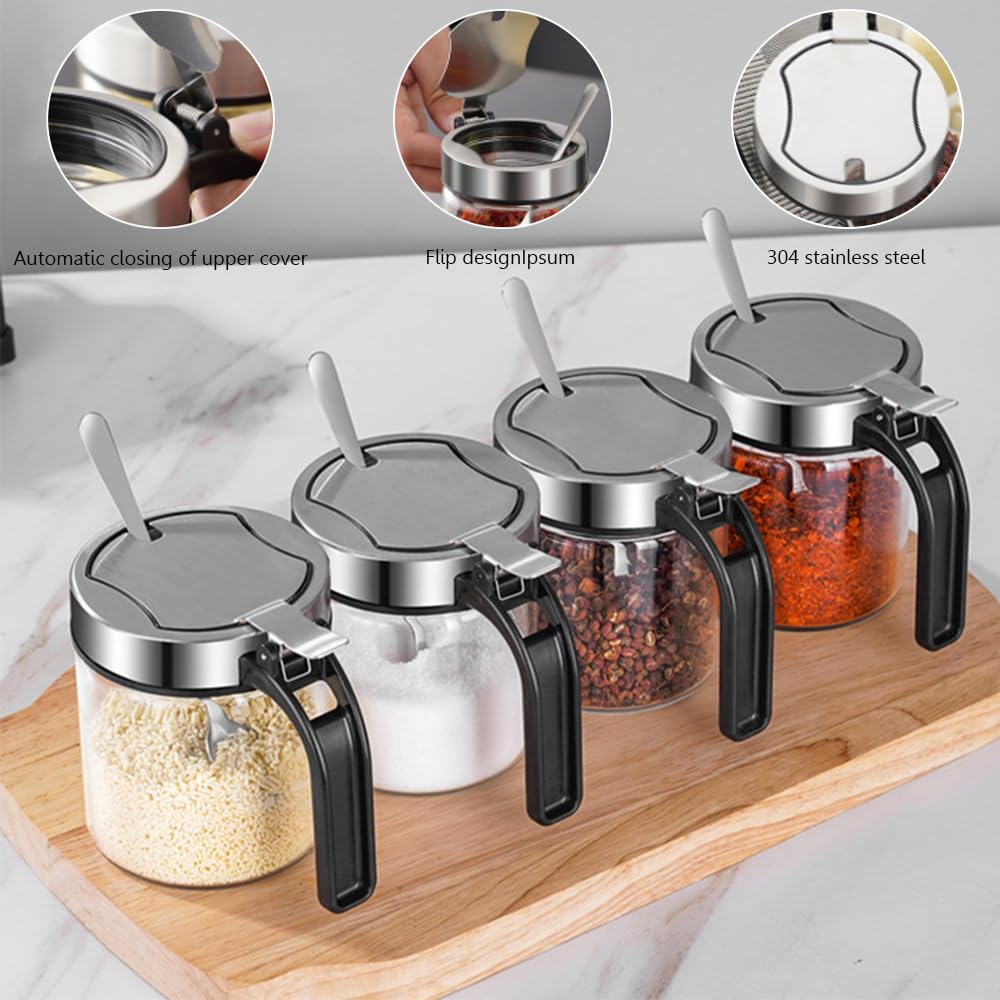 TINMIX Revolving Condiment Pots Sugar Bowl Salt & Pepper Cellar with Lid and Spoon, Set of 4 Seasoning Box Spice Jar with 360 Rotating Tray for Kitchen, 2 Pots+2 Oil Dispenser Bottles