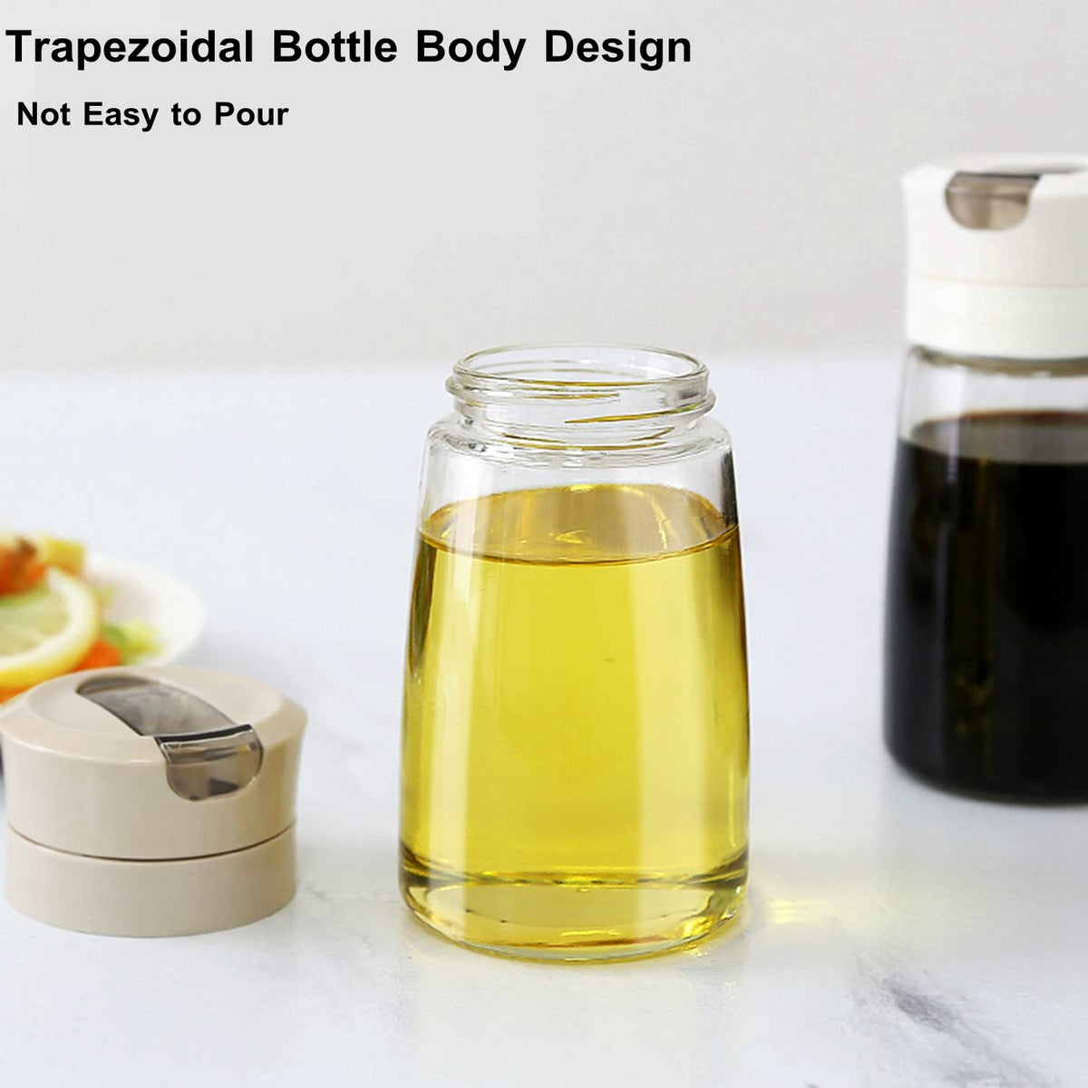 TIAN CHEN Soy Sauce Dispenser Set, Auto Flip Cap Vinegar Bottles, 3 in 1 Leakproof Glass Cooking Oil Container with Base Small(8.5OZ, Apricot)