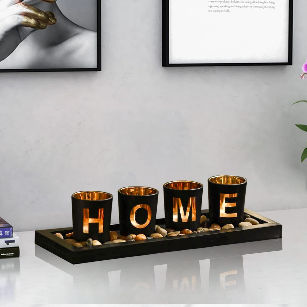 MrMrKura Home Decorative Candle Holder Set, 4 Glass Tea Light Candleholders with Wooden Candle Holders Tray, Natural Pebbles for Home Decor Table Decorations Centerpiece