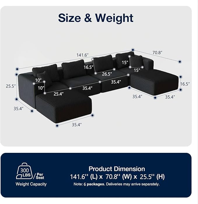 Avenco 141” U-Shaped Modular Sectional Couch Sofa