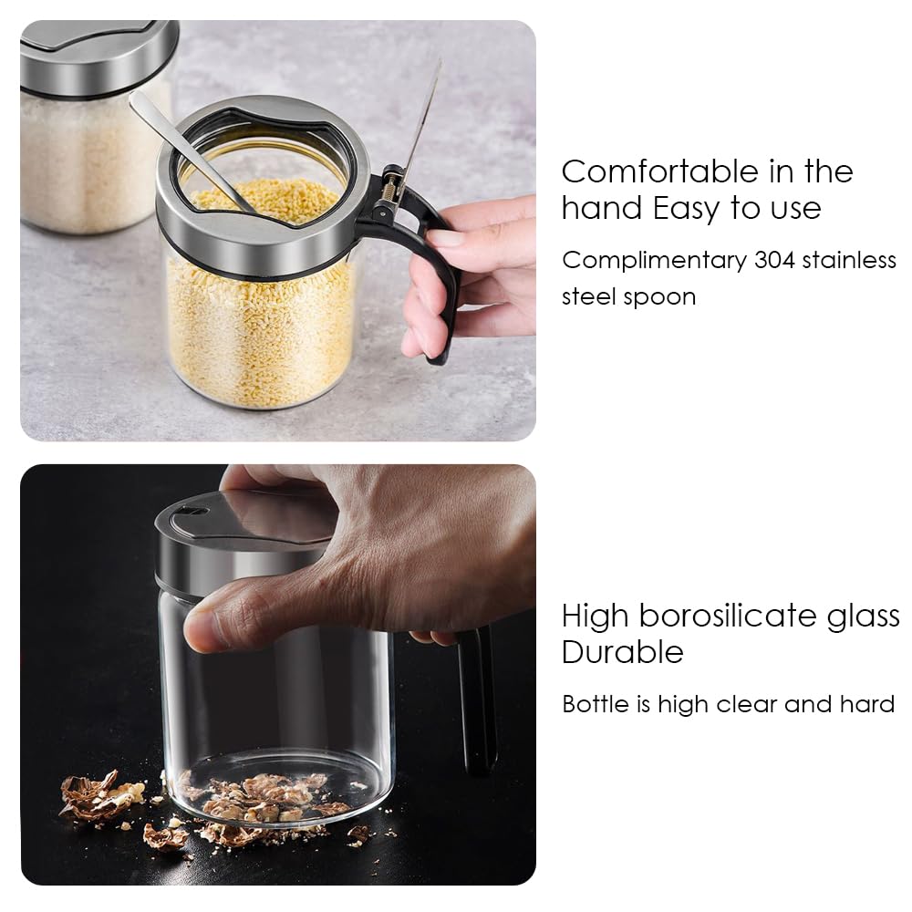TINMIX Revolving Condiment Pots Sugar Bowl Salt & Pepper Cellar with Lid and Spoon, Set of 4 Seasoning Box Spice Jar with 360 Rotating Tray for Kitchen, 2 Pots+2 Oil Dispenser Bottles