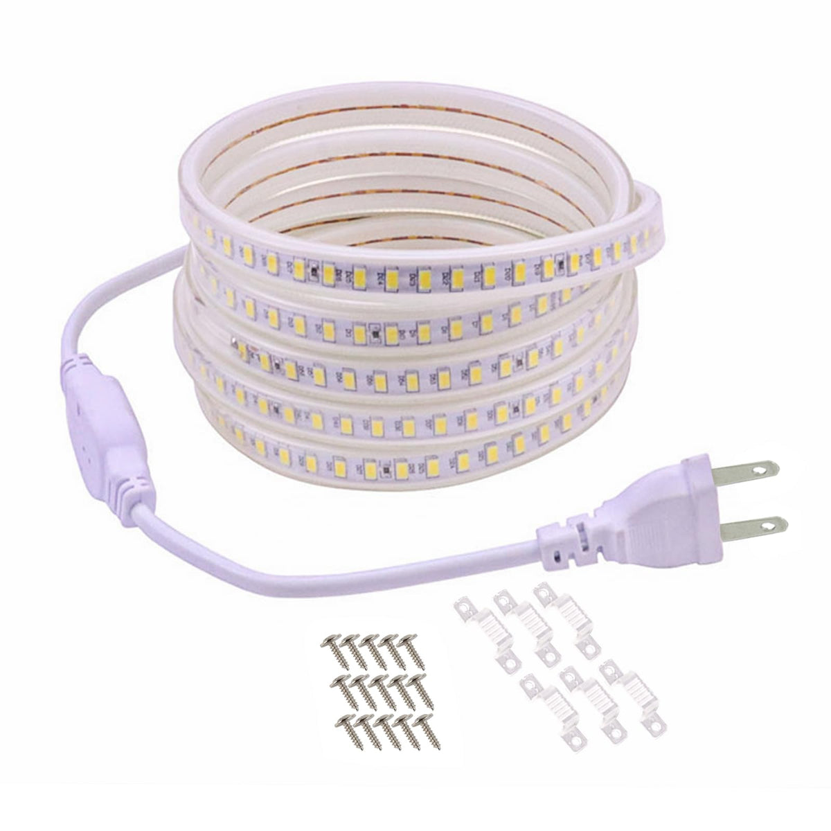 pcningled White LED Strip Lights 6.56ft AC 120V Rope Lights 110V Flexible LED Light Strip Waterproof 4000K Bright White SMD 5730 120LEDs/m for Bedroom Mirror Kitchen Cabinet Lighting