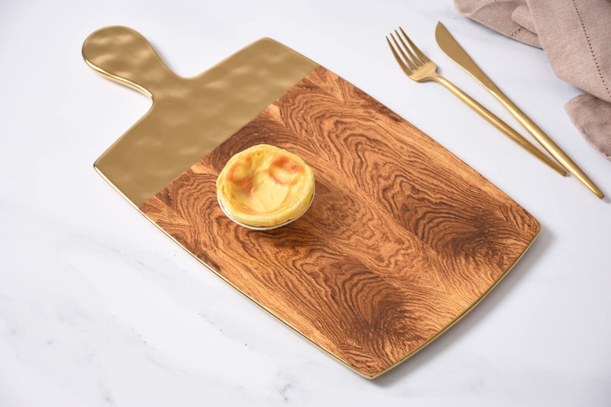 Pampa Bay Wood Look Titanium-Plated Porcelain Rectangular Serving Board, 15.5 x 8 Inch, Gold/White/Wood look